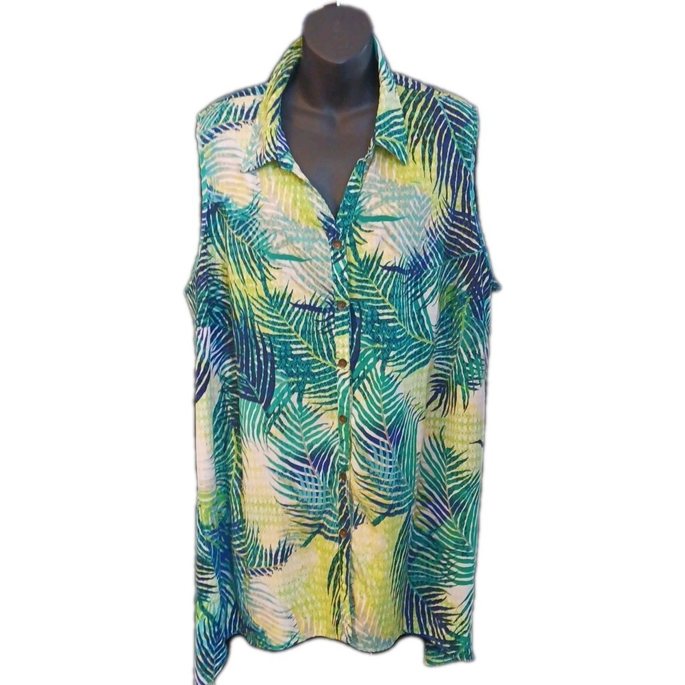 Catherines Green Palm Leaf Button Up Blouse Plus Size 2X